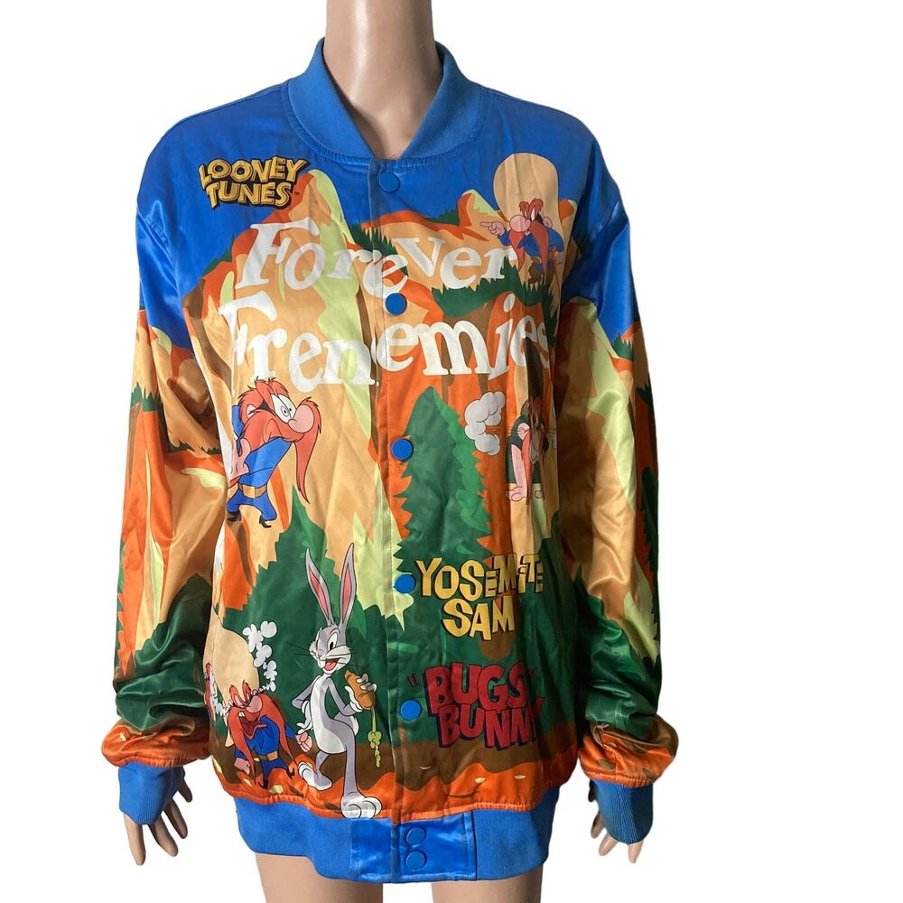 Looney Tunes Satin Bomber Jacket Mens XL Frenemies Bugs Bunny Yosemite Sam